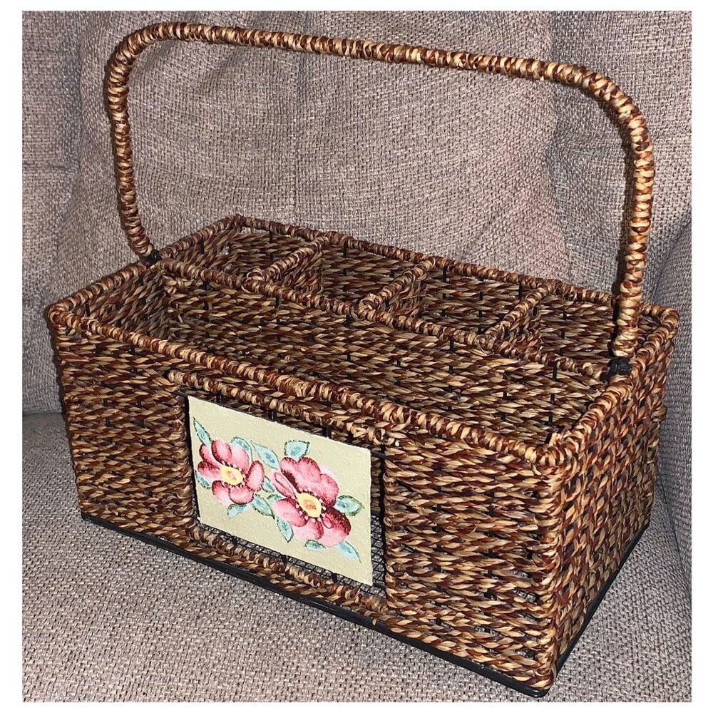 VTG Wicker & Metal Picnic Basket Utensil Caddy Storage Organizer w/ 5 Sections